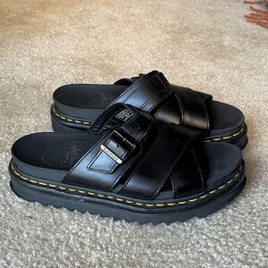RARE Dr. Martens Black Slide Sandals with Yellow Stitching